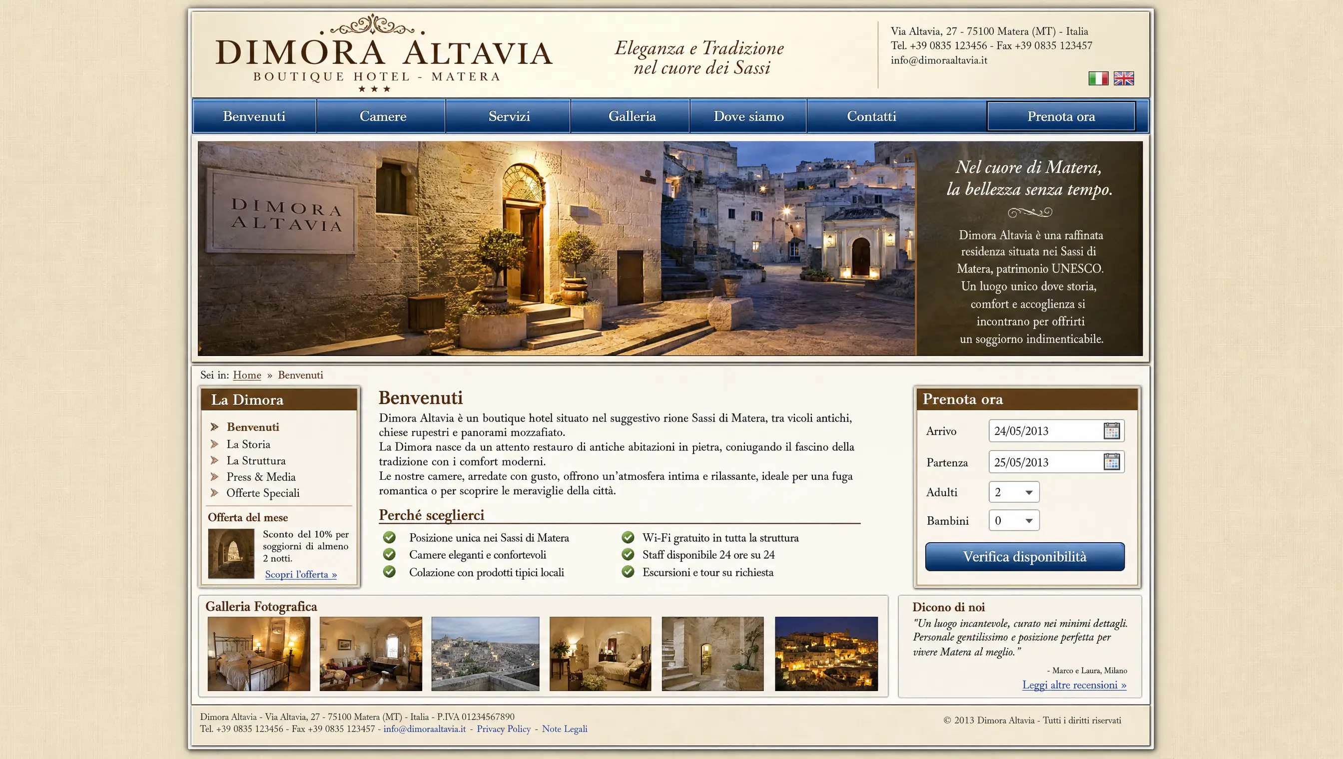 Versione grezza in stile anni 2010 del sito del boutique hotel fittizio Dimora Altavia